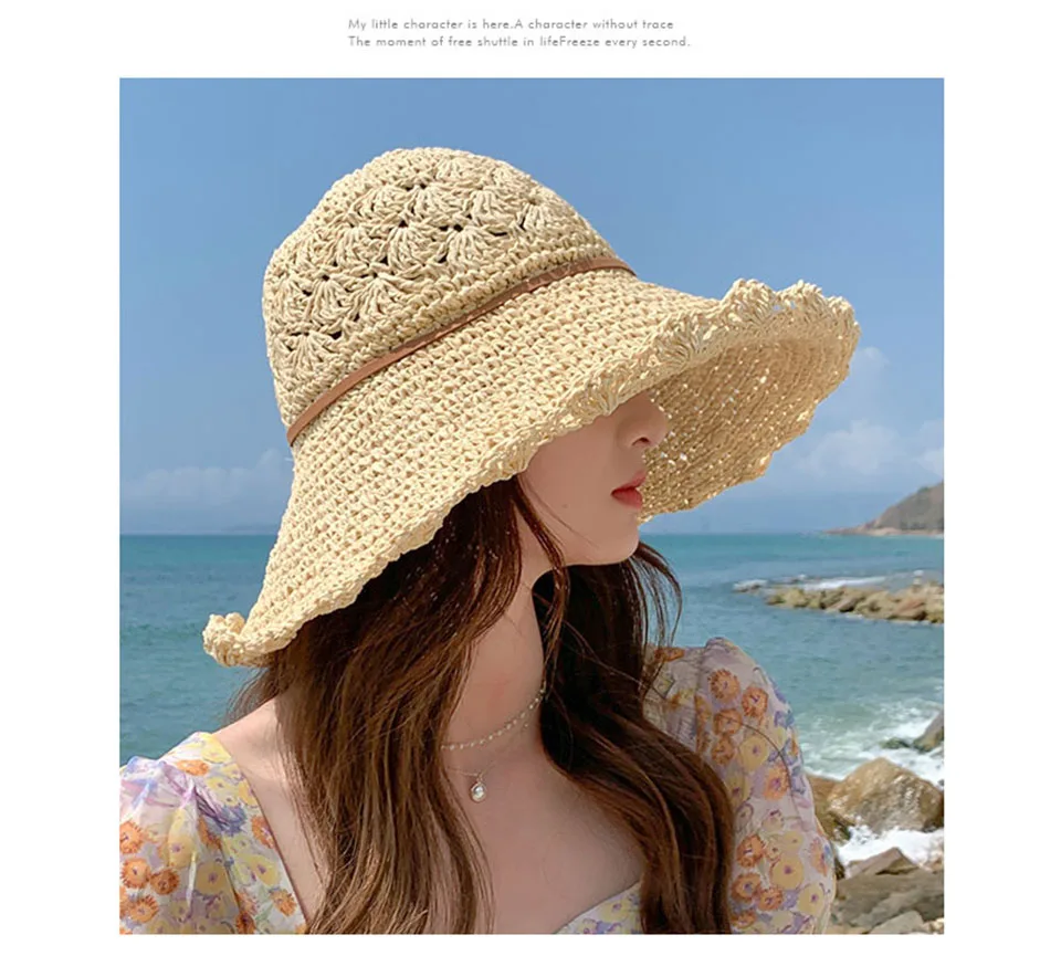 2021 di MODO di Estate delle Nuove Donne di Sun Benna berretto di pizzo beige Bowknot Fiori Nastro Piatto top Panama morbido Cappello di Paglia spiaggia_voghion.com