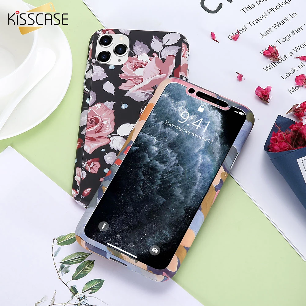 Чехол KISS 360 защитный Винтажный чехол с цветами для iPhone 11 PRO Max пленкой s XS XR X 6 7 8 6S Plus