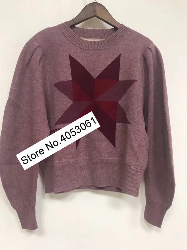 pink as pic Новейший женский свитер из смеси шерсти и хлопка с геометрическим и буквенным принтом, с круглым вырезом, с длинным рукавом, пуловер, топ с пышными рукавами - Цвет: pink as pic