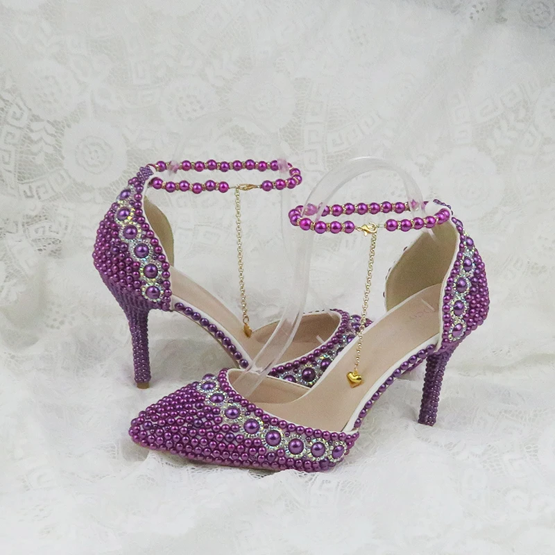 

Summer Pointed Toe Women wedding Sandals Ankle strap Buckle shoes Purple Pearl shoe and bag set Party dress shoe Lace-Up Chain