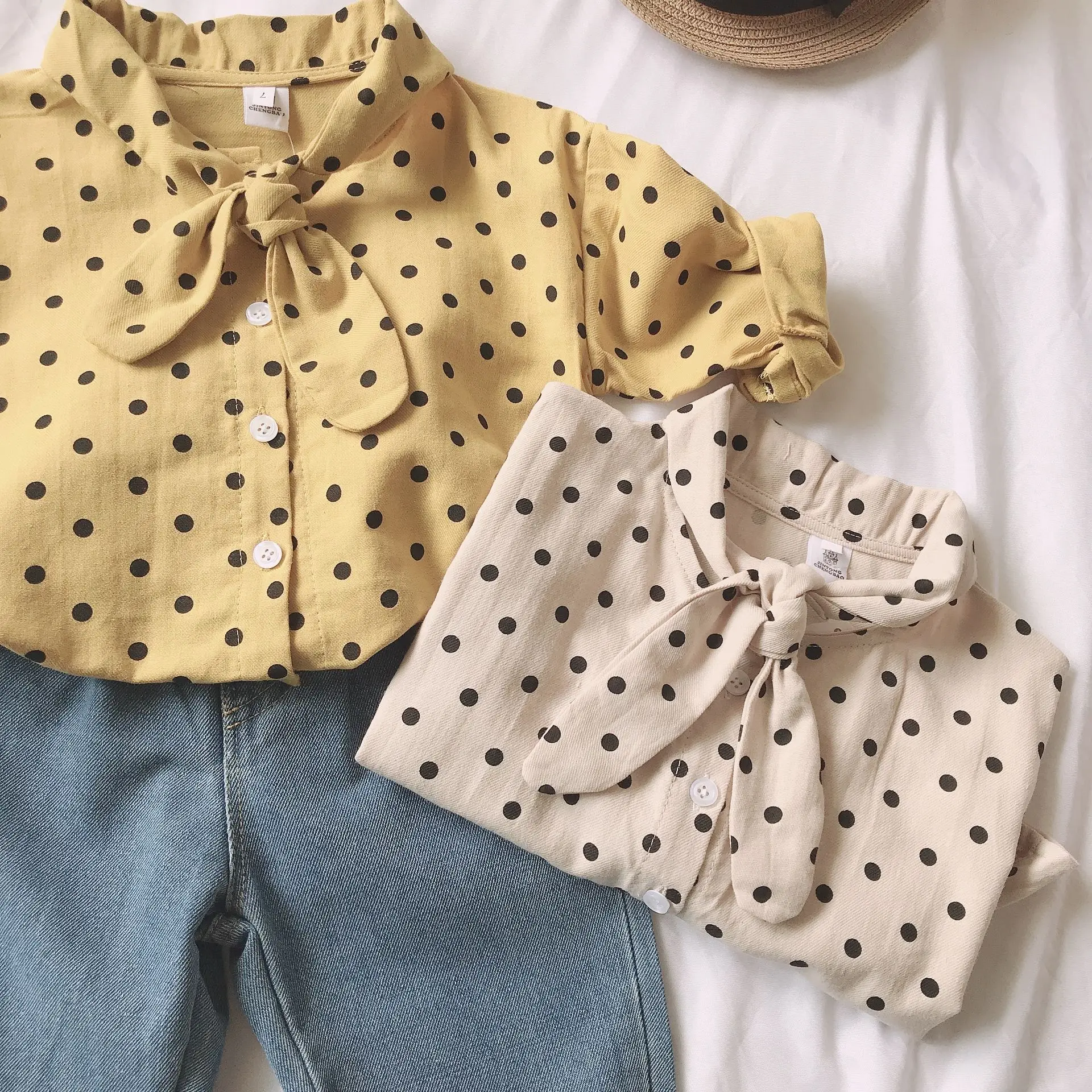 Детская одежда в Корейском стиле для девочек; западный стиль; сезон весна-осень; модная Базовая рубашка в горошек с длинными рукавами; рубашка с бантом