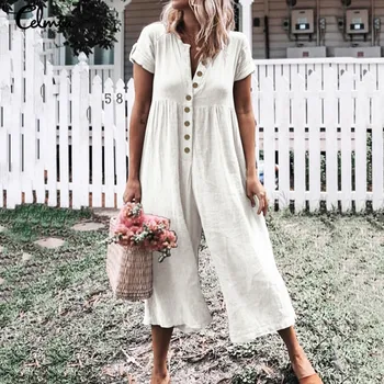 

2020 Celmia Vintage Women Jumpsuits Casual Buttons Wide Leg Pants Short Sleeve Playsuits Feminino Pantalon Plus Size Overalls 7