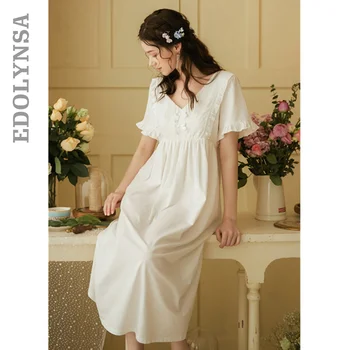 

Summer Nightgown White Sleepwear Vintage White Cotton Plus Size Women Home Wear Night Dress For Wedding Nightwear Lingerie T684