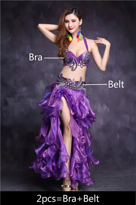 Purple 2pcs Костюм для танца живота набор для женщин юбка для танца живота Восточный Болливуд для взрослых египетская индийская танцевальная одежда высокого качества - Цвет: Purple 2pcs
