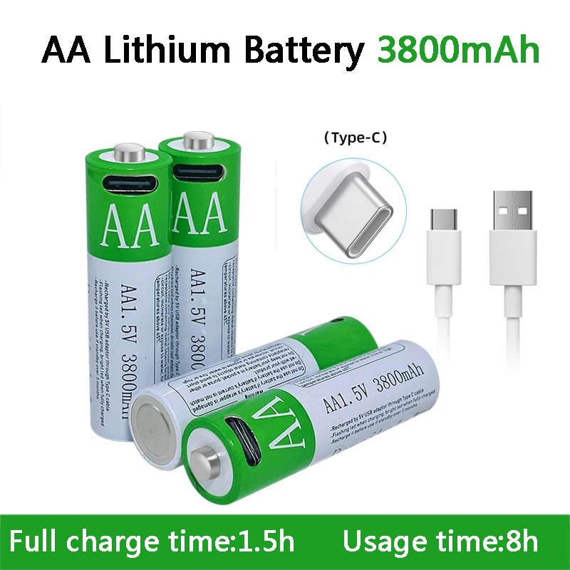 New 1.5V AA Rechargeable Battery 3800mAh USB Lithium Polymer Quick Charging by Micro Cable | Электроника