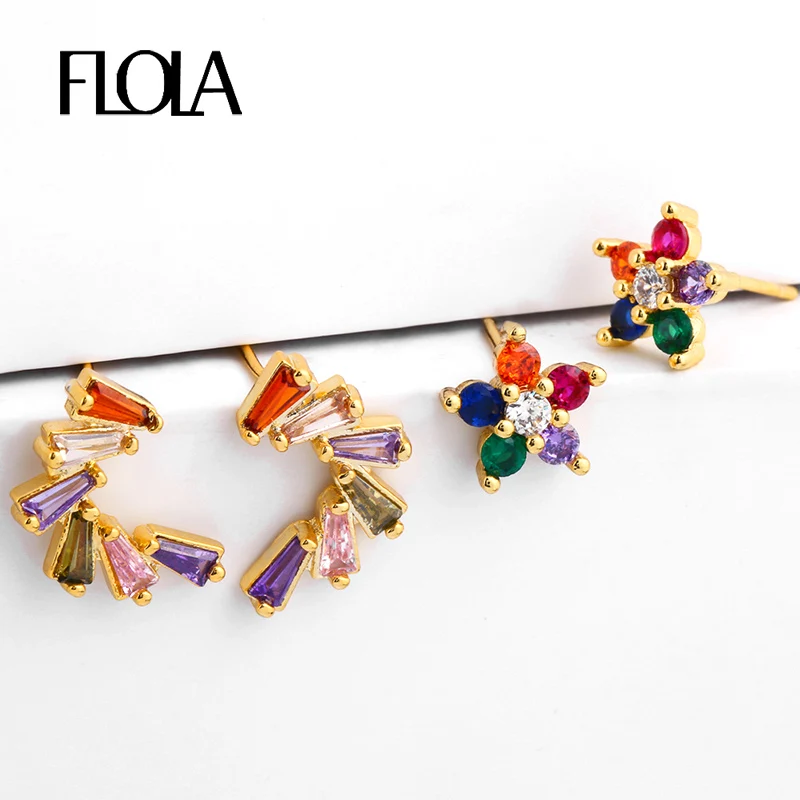 Flola 24k золотые крошечные серьги в форме цветка Радуга для девушек с