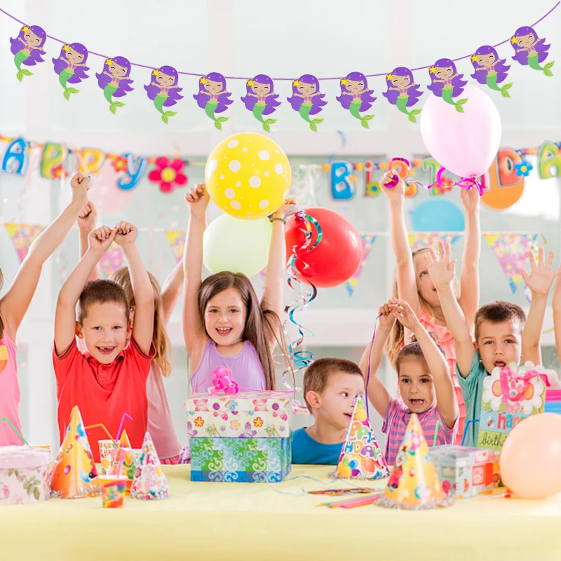 Mermaid Paper Banner Girl Carton Party Decoration Happy Birthday Garland Mermaid Tail Shell Banner Baby shower Decor