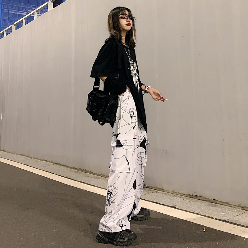 Боковые карманы абстрактный принт Harajuku уличная женская одежда свободные эластичные брюки с высокой талией женские новые унисекс прямые брюки