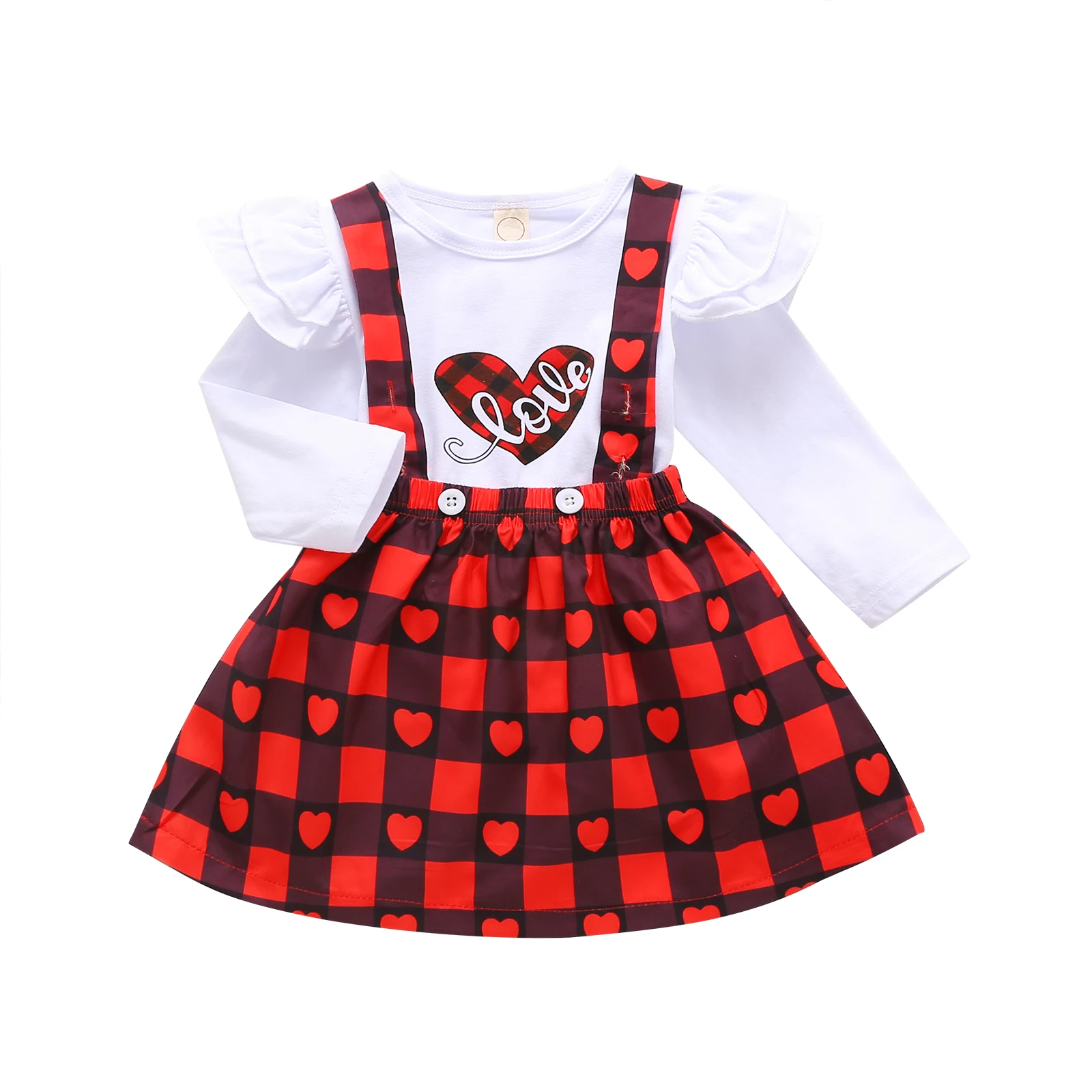 

2020 New Fall Autumn 6M-4Y Toddler Kids Baby Girl 2Pcs Set Heart LOVE Letter Ruffled Long Sleeve Top+Red Plaid Suspender Skirt