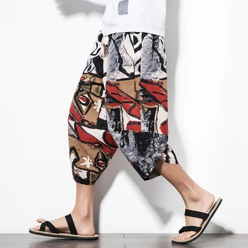 

Cotton Linen Floral Printed Men Pants Casual Wide Legs Pants Casual Fitness Baggy Streetwear Hip Hop Harem Trousers Joggers 2020