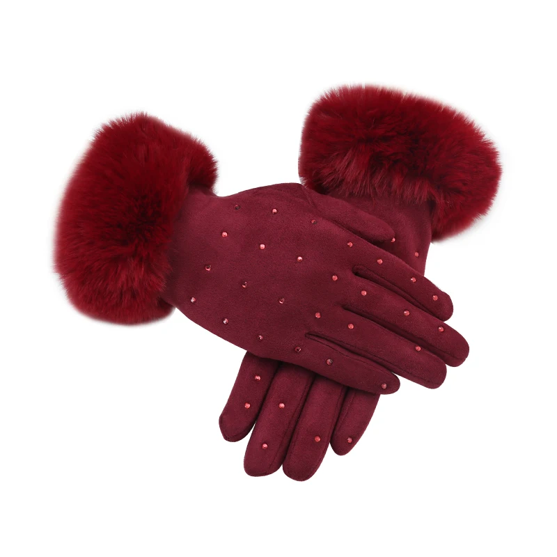 Элегантные женские перчатки на полный палец, утепленные зимние теплые варежки из искусственного меха, женские шерстяные перчатки для телефона Guantes Mujer - Цвет: Красный
