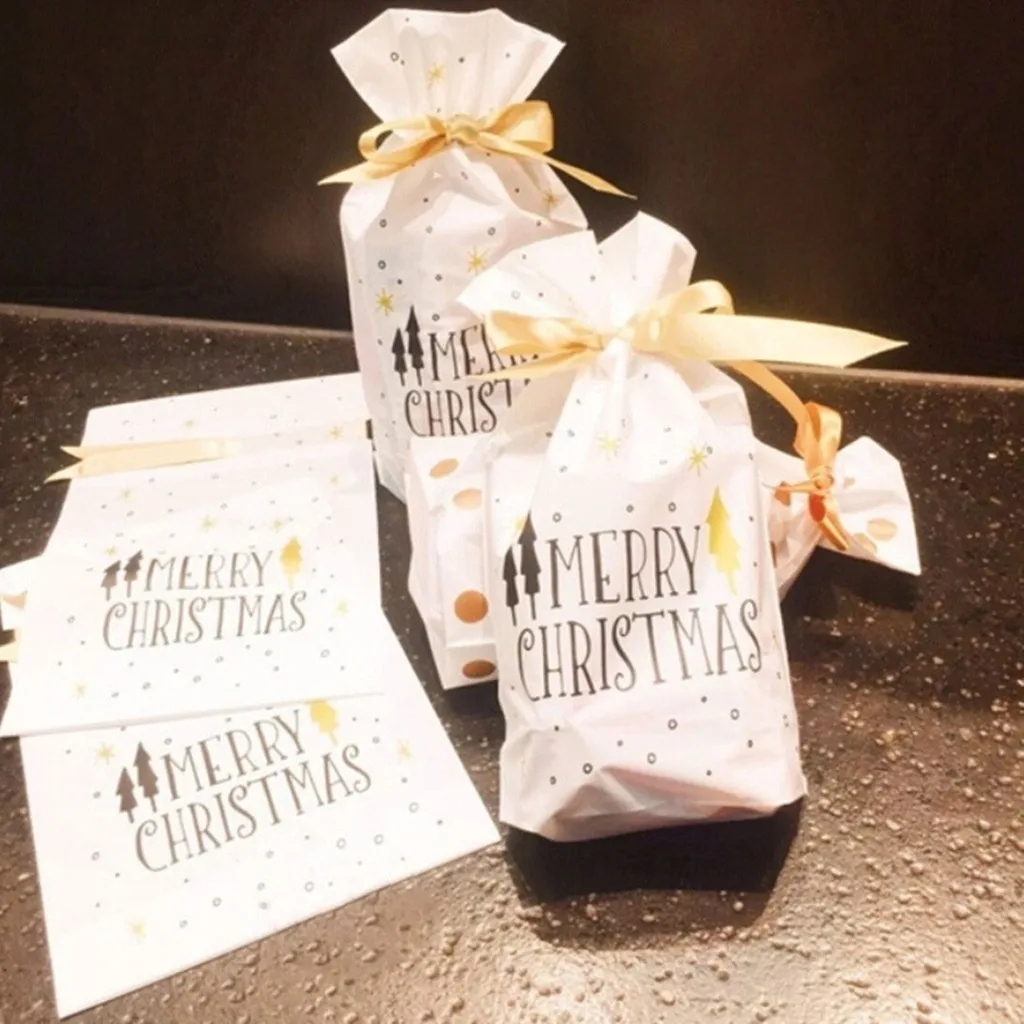 50 Pieces White Golden Christmas Tree Merry Christmas Gift Bags Candy Bags christmas decoration for home^30