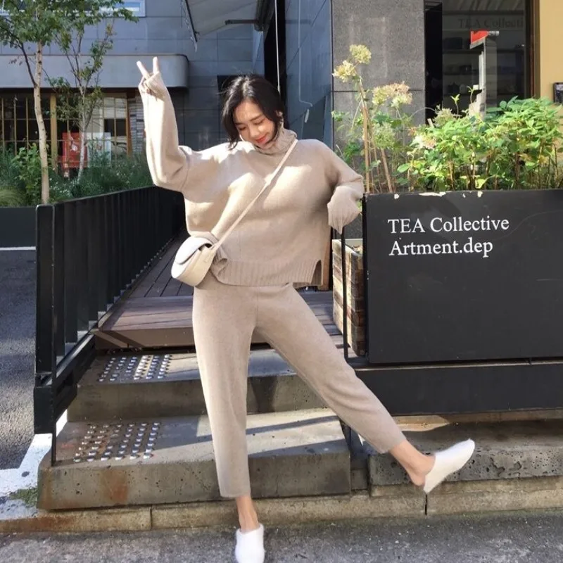 beige LLZACOOSH женский теплый вязаный спортивный костюм с высоким воротником модный вязаный свободный свитер комплект из 2 предметов брюки+ брюки с эластичной резинкой на талии костюмы - Цвет: beige