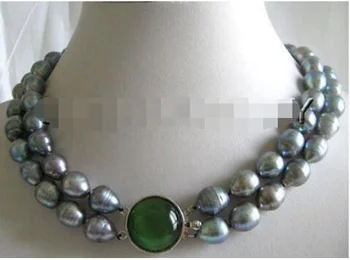 

P1096-2row 17-18" 9-10mm natural black baroque freshwater pearl necklace - opal