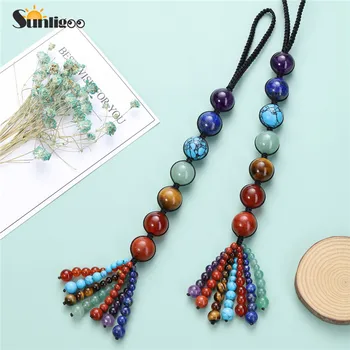 

Sunligoo Home Wall Car Window Decor 7 Chakra Tumbled 16mm Round Gemstone Tassel Spiritual Meditation Feng Shui Hanging Ornament