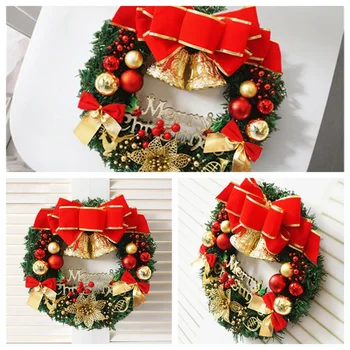

Artificial Christmas Wreath With Large Bow, Golden Bells, Christmas Balls Ornaments Holiday Front Door Hanging Decorations
