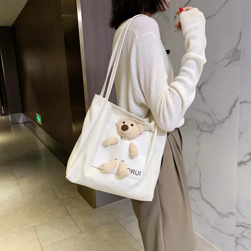 Sac à main en toile pour femmes, fourre-tout à la mode, décor de poupée d'ours, sac à bandoulière mignon, sac à poignée supérieure pour dames filles, Shopping quotidien