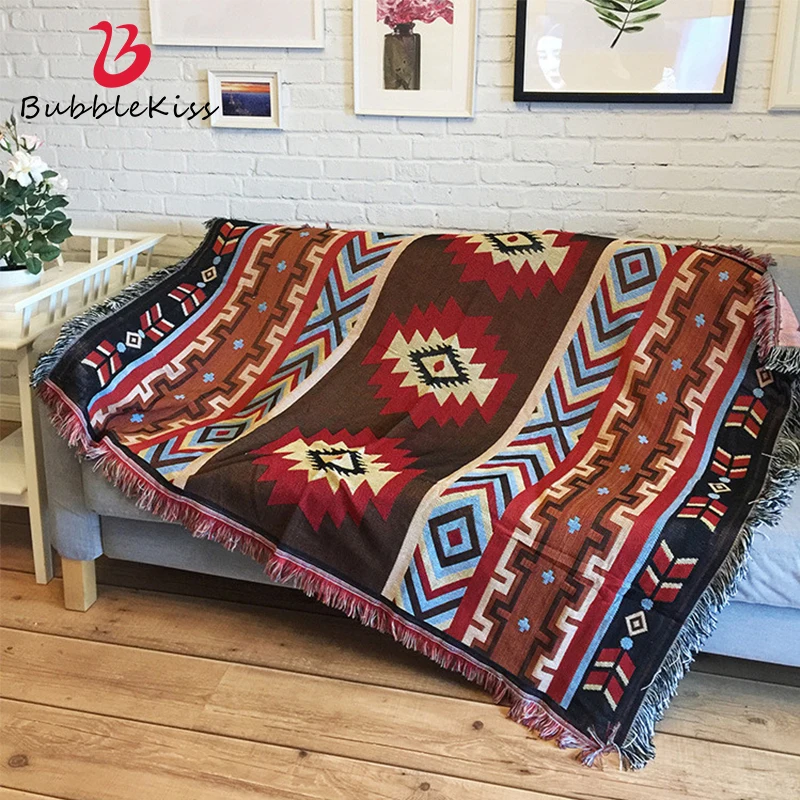 Bubble Kiss 2020 Ethnic Retro Style Throw Blanket Abstract Geometric Blankets For Bedside Embroidery Sofa Tassel Cover | Дом и сад