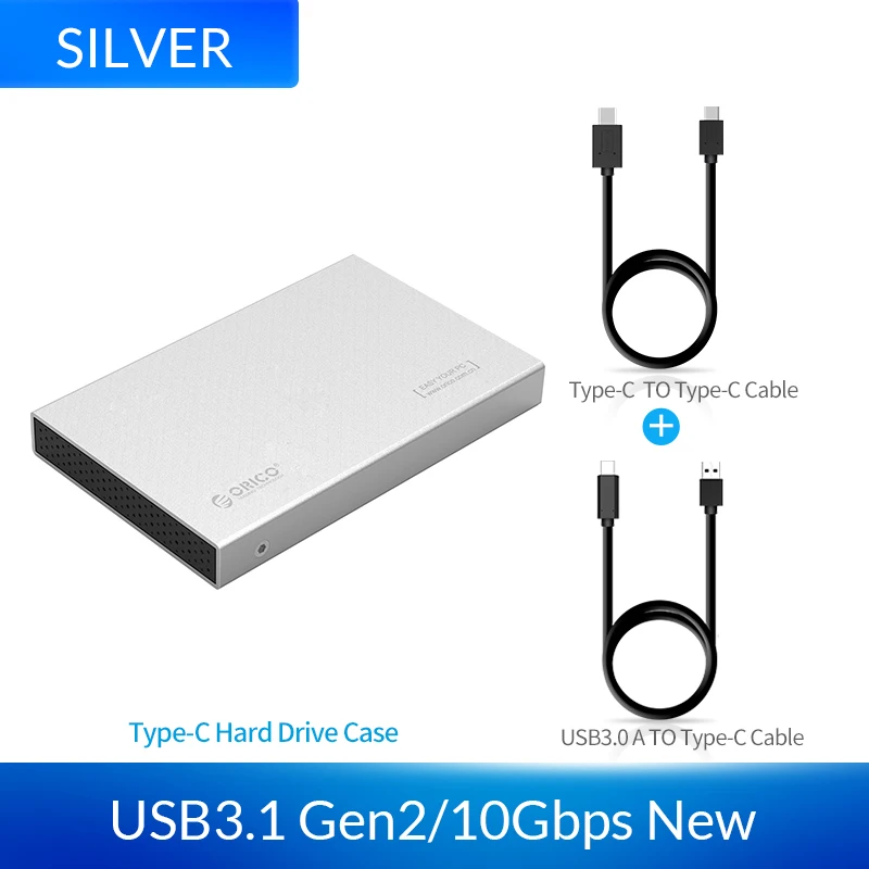 ORICO 2,5 дюймов корпус SSD USB3.1 Тип C внешний жесткий диск чехол для 9,5 мм высокоскоростной чехол с поддержкой UASP SATA II - Цвет: Silver