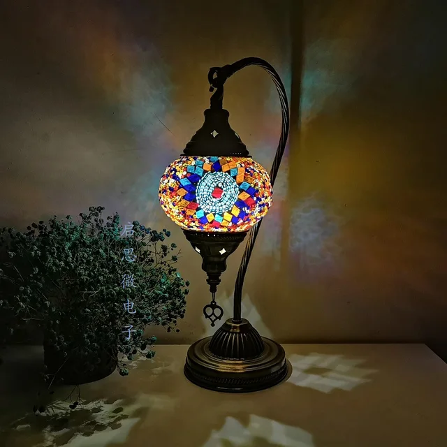 Turkish Moroccan Tiffany Style Handmade Colorful Mosaic Table Desk Bedside Night Swan Neck Lamp Light Lampshade with Metal Body and Hanging Metal