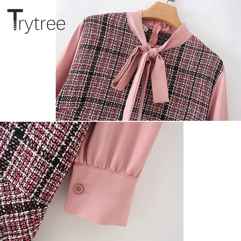 Trytree осенне-зимнее платье, Повседневное платье с бабочкой и оборками, платье-рубашка в клетку на молнии, мини-платье с оборками, офисное платье трапециевидной формы для леди