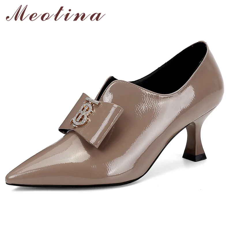 

Meotina High Heels Women Pumps Natural Genuine Leather Kitten High Heels Shoes Cow Patent Leather Pointed Toe Shoes Female 34-39