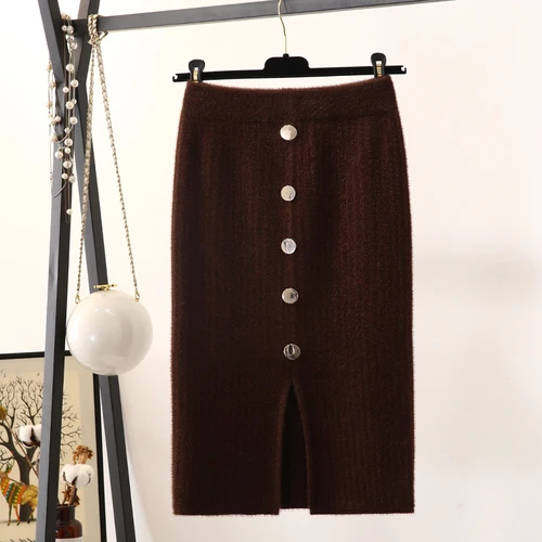 Korobov Korean Thick A-line Short Winter Basics Skirts Vintage Mohair Warm Solid Saias Stretch Button Faldas Mujer 79247 - Цвет: Dark Brown