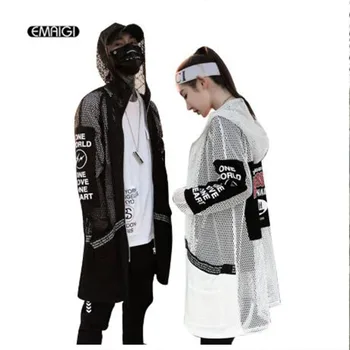 

Men Mesh Hollow Long Sleeve Hooded Shirt Coat High Street Fashion Hip Hop Casual Long Style Shirt Jacket