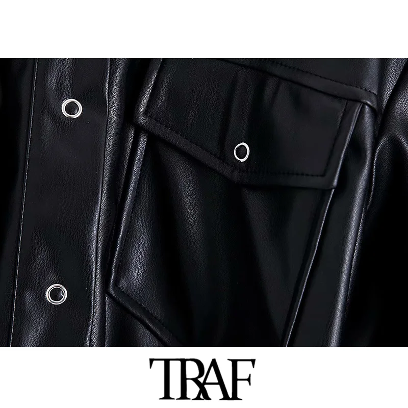 TRAF, женское винтажное стильное мини-платье-рубашка из искусственной кожи с карманами, модное платье с длинным рукавом и поясом, женские платья из искусственной кожи