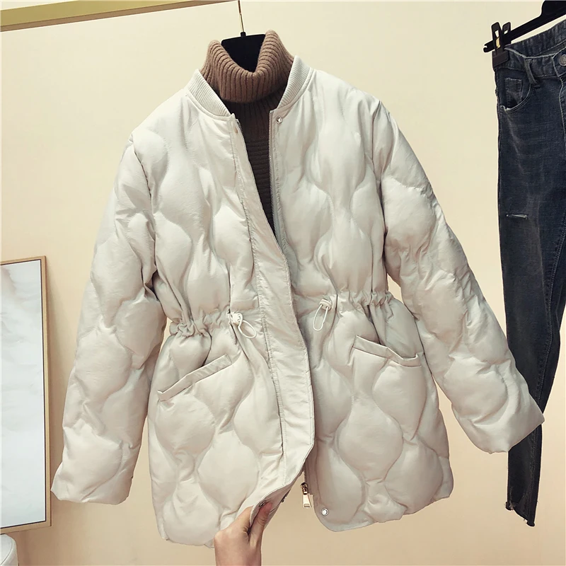 Роскошная дизайнерская брендовая парка для женщин, модная куртка с ромбовидным воротником и хлопковой подкладкой, Толстая теплая однотонная зимняя женская куртка - Color: Beige