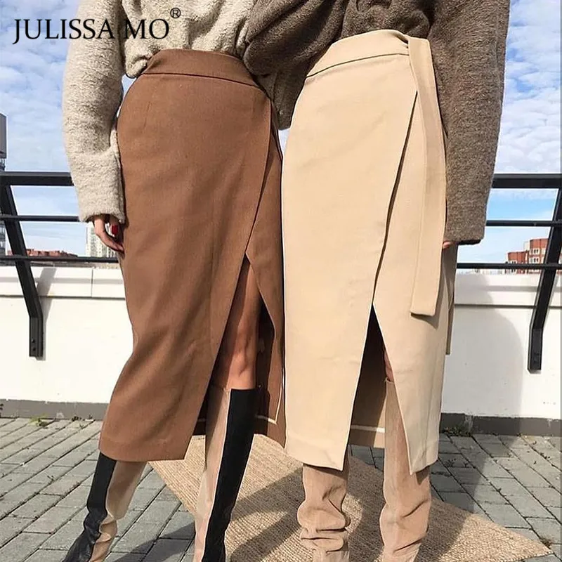 

JULISSA MO Khaki Suede Long Skirts Womens Autumn High Waist Bandage Skirts Office Ladies Elegant Split Pencil Skirt jupe femme