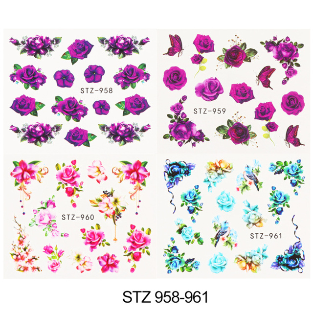 Leaf Vine Stickers For Nails Fashion Purple Flowers Water Sliders Butterfly Geometry Nail Art Decals Set LASTZ888-STZ891
