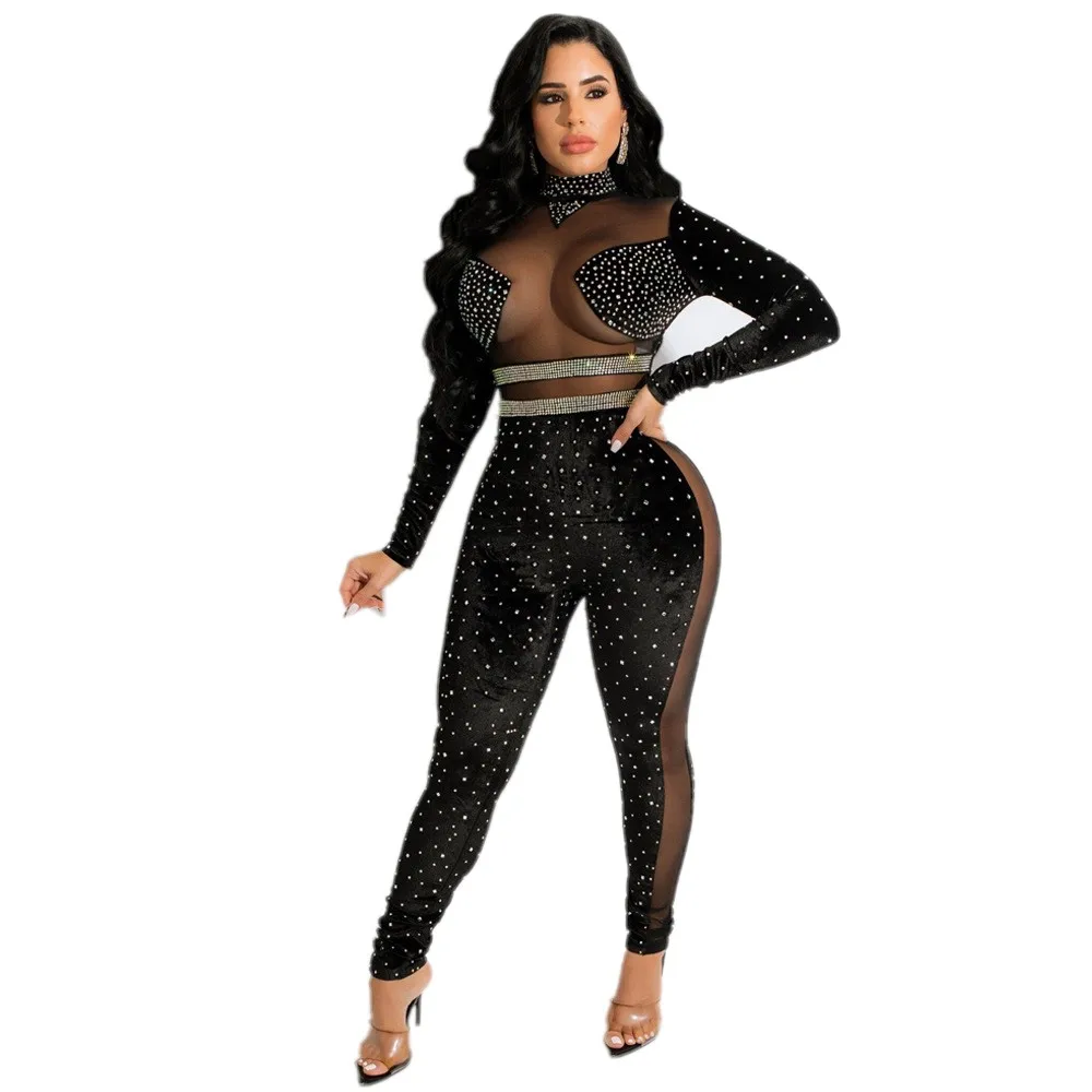 Blue Mesh Transparent Sexy Jumpsuit 2022 Winter Fashion Elegant Long-Sleeved Womens Tight Nightclub Clothing Black Slim Trousers mesh tank tops trousers sexy suit for men american perspective elastic racerback vest straight pants lgbt tight two piece set