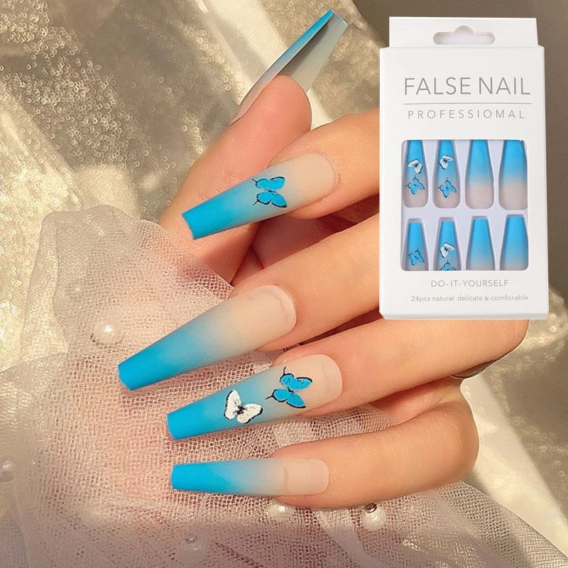 Blue Butterfly False Nails With Glue Ballet Coffin Fake Nail Tips Acrylic Nails Stick On Nails Long Nail Design For Manicure False Nails Aliexpress