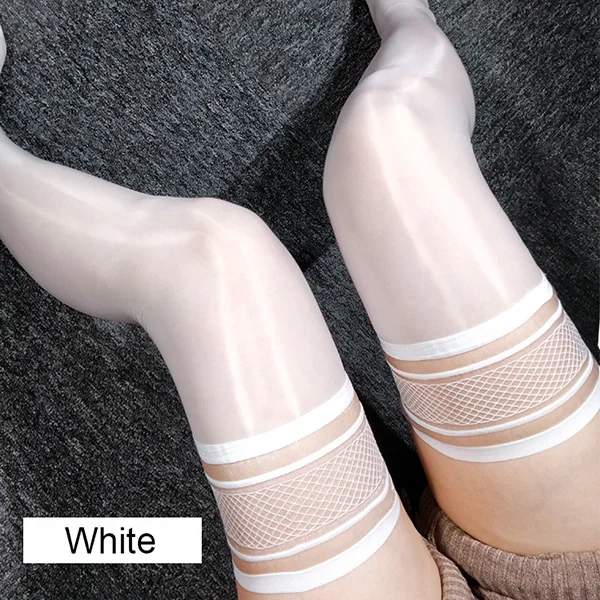 white Супер эластичные женские чулки выше колена масляные блестящие сексуальные тканые кружевные верхние чулки женские нейлоновые чулки трикотаж Medias 8 цветов - Цвет: white