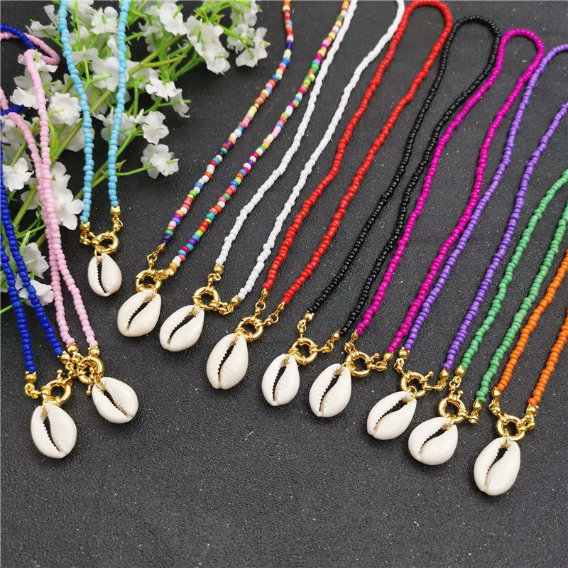 

New Arrival 3mm 17 Style Colorful Beads Necklace For Women Bohemian Natural Shell Pendant Necklace Gold Color Long Jewelry 2019