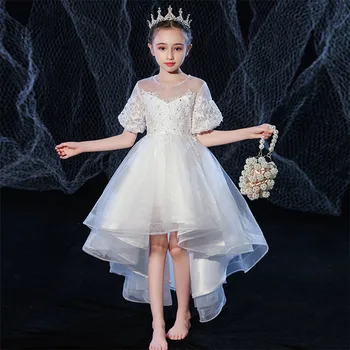 

Children Girls Luxury Embroidery Lace Solid White Color Birthday Wedding Party Princess Lace Dress Kids Teens Host Costumes Wear