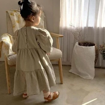 

Korean Japan Style Linen Cotton Kids Party Dresses Toddler Baby Girls Lovely Princess Dress Autumn Girls Long Sleeves Dress