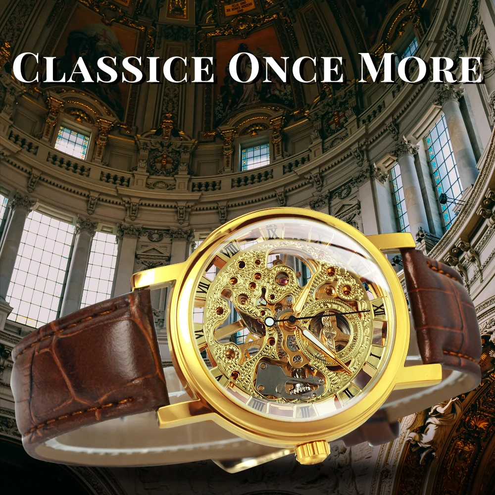 Gold Watch Men Fashion Skeleton Mens Watches Luxury Business Clock Leather Strap Wristwatch