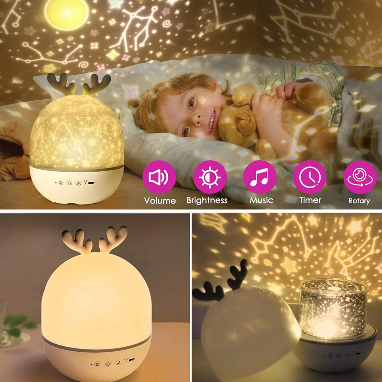 Lámpara de proyección con Control remoto para niños y bebés, luz LED nocturna de estrellas con música