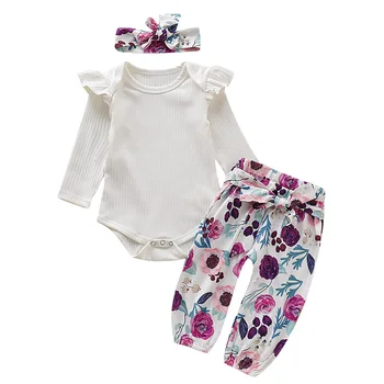 

3pcs Baby Bodysuit Set Newborn Pants+Headband Long Sleeve Ruffle Casual Holiday Gift Home Floral Printed Outfits Girls Crew Neck