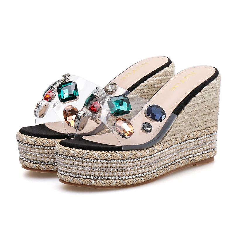 Цвет стразы Тапочки Для женщин каблуки; Espadrilles; женские летние туфли на платформе Дамская мода шлепанцы без задника с открытыми пальцами на высоком каблуке, под платье сандалии