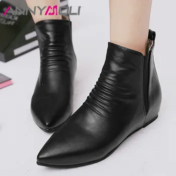 

ANNYMOLI Pleated Ankle Boots Woman Height Increasing Chelsea Boots Med Heel Shoes Pointed Toe Ladies Short Boots Winter Red 46