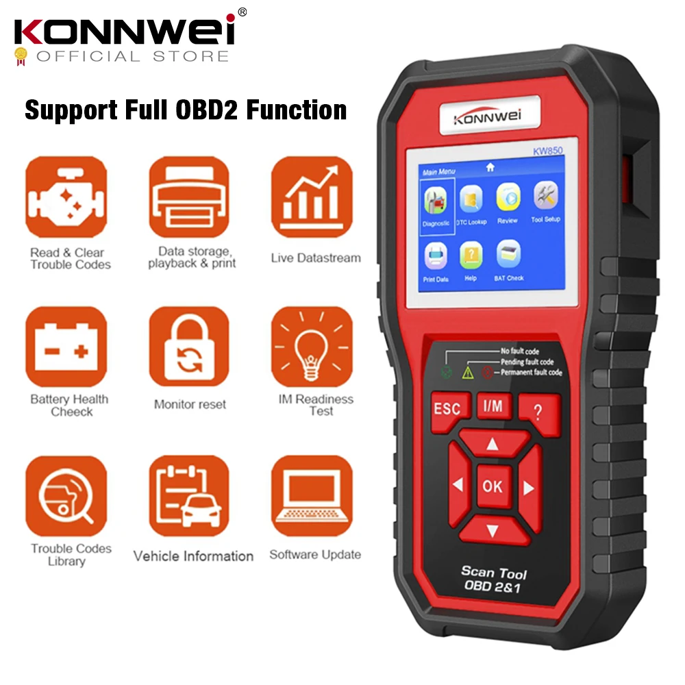 Online OBD2 ODB2 escáner de diagnóstico automático KONNWEI KW850 función completa diagnóstico de coche escáner de coche Universal OBD lector de código de motor