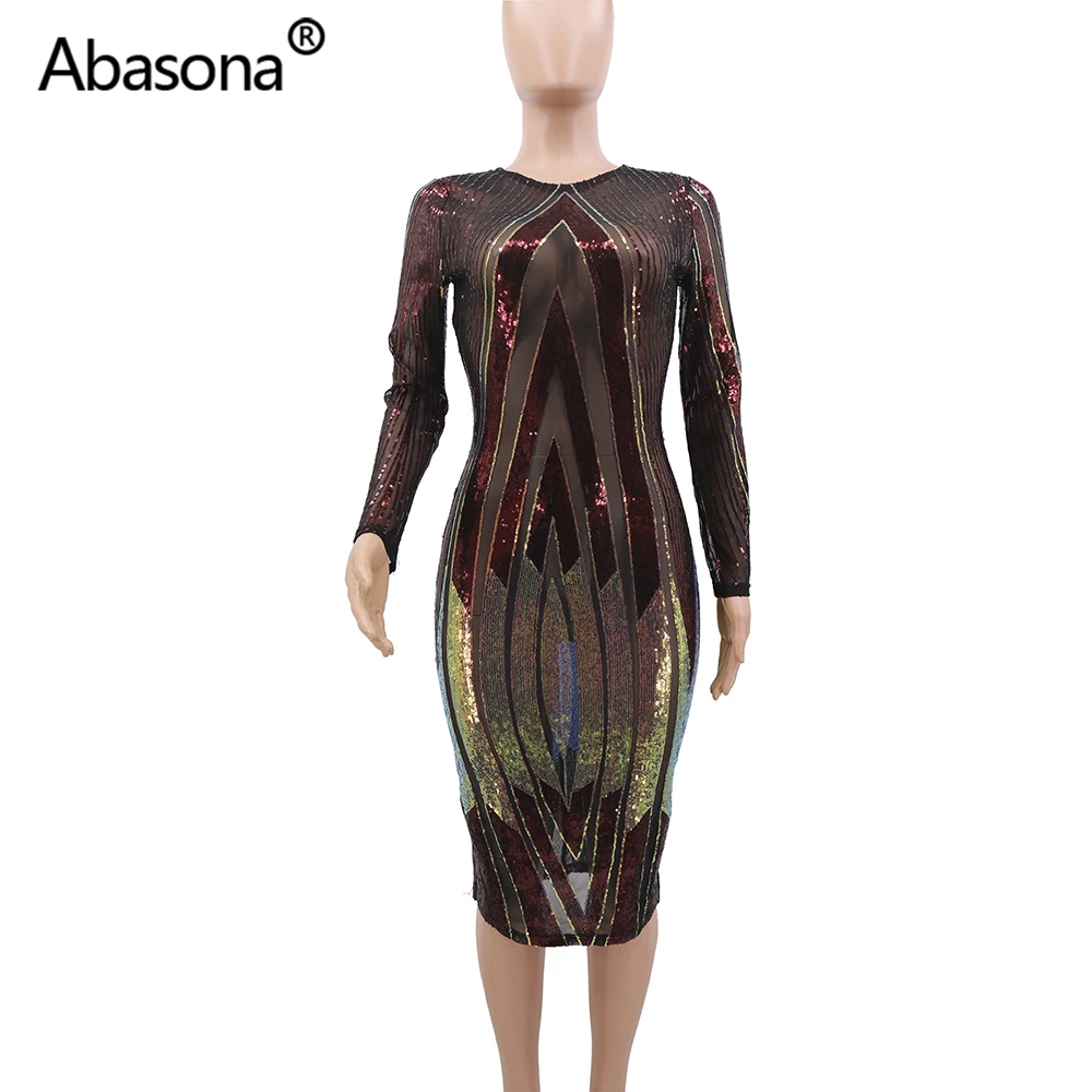 Abasona, Осень-зима, женское сексуальное облегающее платье с длинным рукавом и геометрическим рисунком, сетчатые обтягивающие платья с блестками, вечерние платья для ночного клуба