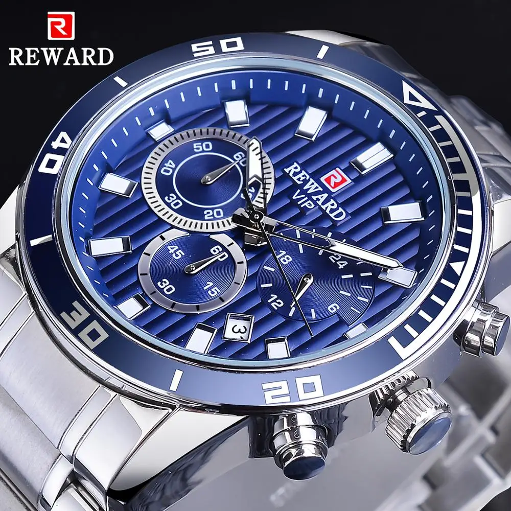 

REWARD Mens Blue Bezel Three Dial Business Fashion Design Mens Quartz Sport Wrist Watch Top Brand Luxury Relogio Calendar Clock