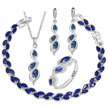 

Blue Green Cubic Zirconia Silver Color Jewelry Sets For Women Necklace Pendant Earrings Ring Bracelet Free Gift Box WPAITKYS