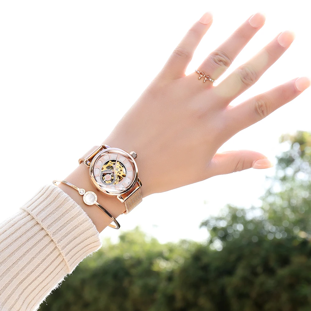 Orkina женские римские часы с дисплеем Топ бренд класса люкс дизайн розовое золото Скелет Прозрачный корпус автоматические механические часы