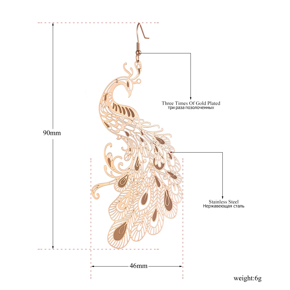 Lokaer титановые серьги в виде павлина из нержавеющей стали, ювелирные серьги с кристаллами, висячие серьги для женщин, девочек E19237