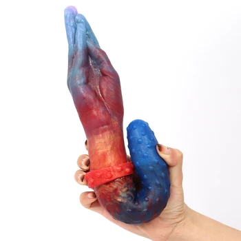 FAAK New 35cm Long Double Dildo Silicone Hand Fist Anal Sex Toys Multi Color Bumpy Stimulate Lesbian Erotic Products Flexible 2